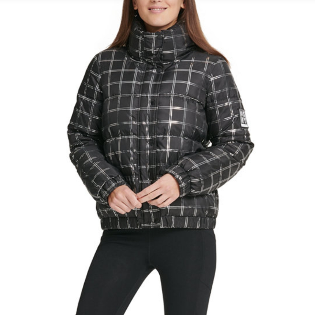 Dkny Sport Metallic Plaid Puffer Jacket